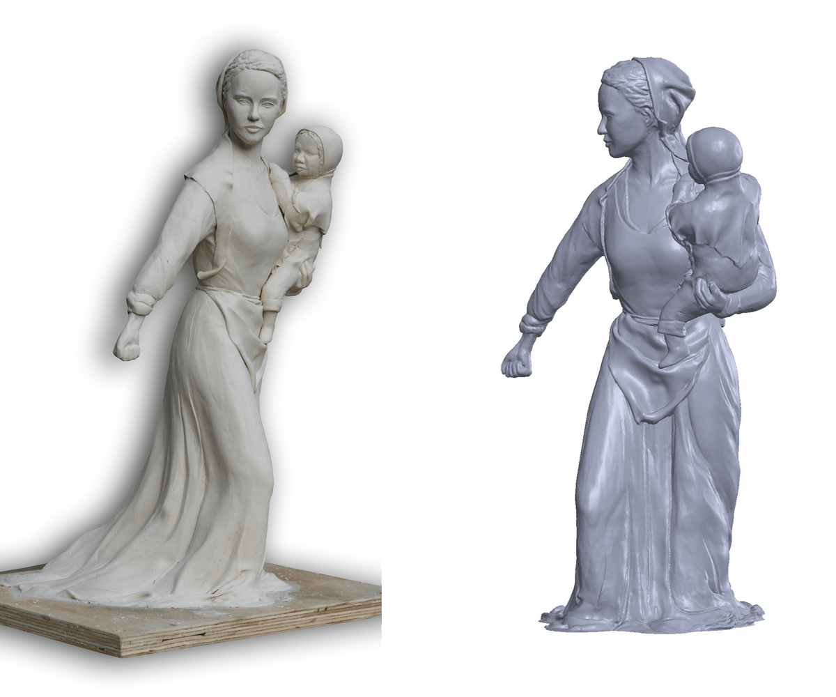 Geboetseerde vrouw met een kind naarst een 3d scan van het model